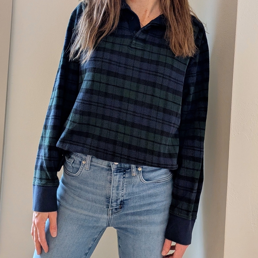 Vintage J. Crew Plaid Patterned Corduroy Collared Henley In Navy/Green